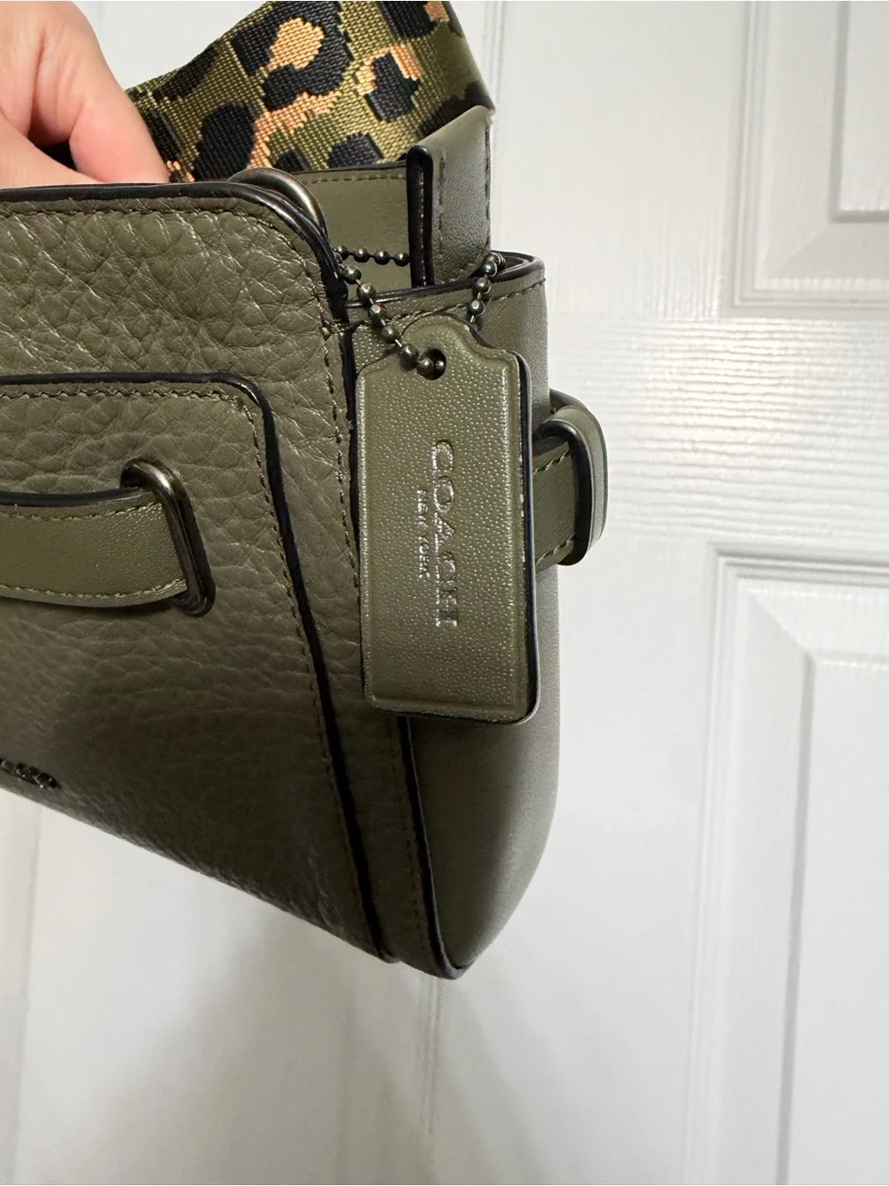 Coach Olive Green Pebbled Leather Crossbody with Leopard Print Strap